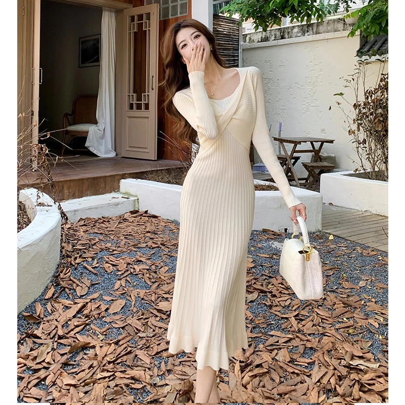 Coigarsam женское платье Весна 2024 однотонные вязаные платья с длинным рукавом и