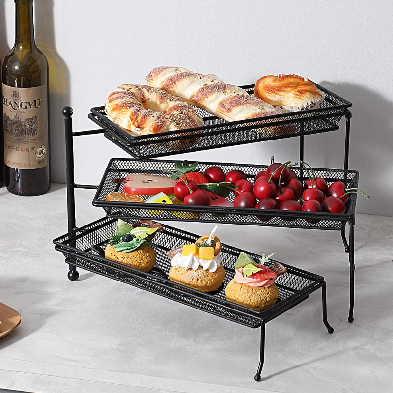 

Free Shipping 3 Tiered Serving Stand Collapsible Rectangular Food Tray Stand with Grid Tray for Cupcake Fruit Weddings Tea Parti