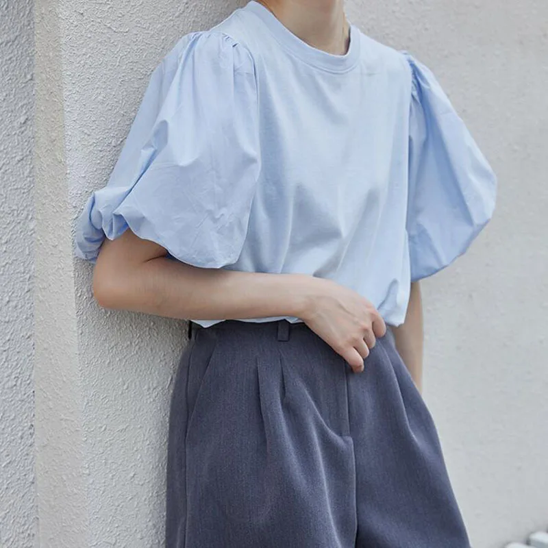 

Women Fashion Bubble Sleeves Summer T-shirts 2021 Korean Round Neck Loose Tshirts Female Casual New Tops Streetwear Solid Color