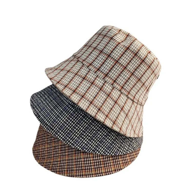 

Winter Two-Sided thousand bird Check Woolen Bucket Hat Women Fisherman Basin Cap bonnet Vintage Design warm casual hat