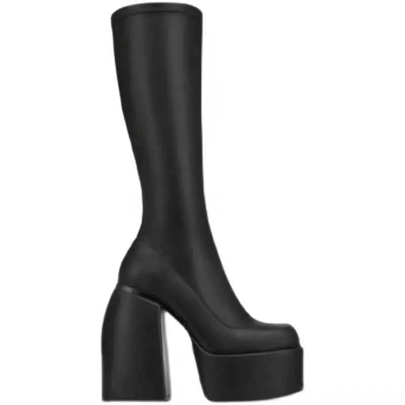 2022 New Women Boots High Heels Chunky Platform Black Big Size 43 Winter Boots Knee High Boot Zipper  Boot Party Shoes
