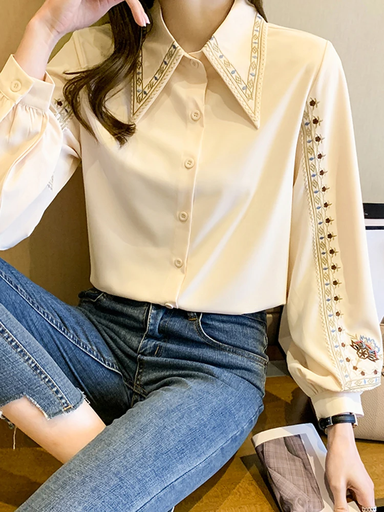 Embroidered Women Shirt High Quality Female Elegant Blouses Ladies Work Wear Shirts White Beige Floral Clothings Chiffon Tops