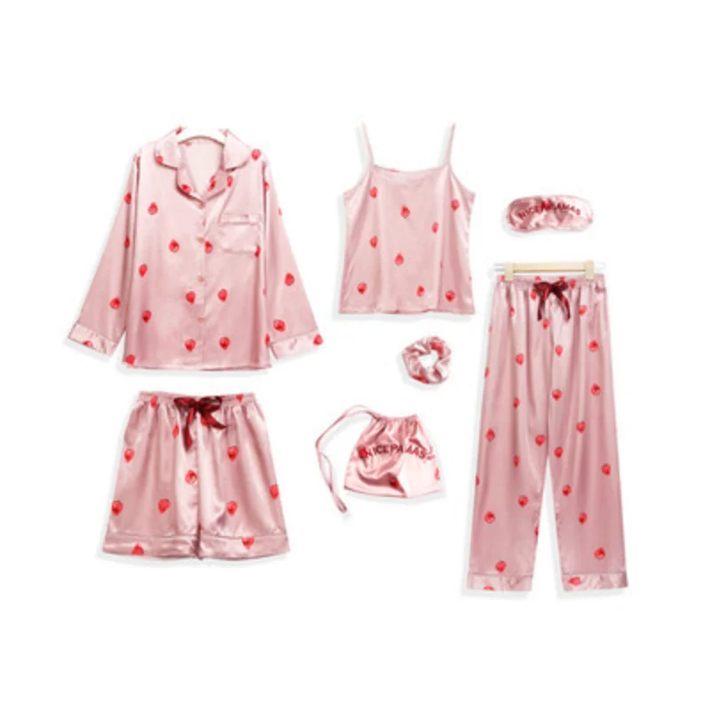 

Women's Korean Version of Silk Strawberry Pajamas Set Simulation Silk Stripe Pajamas Women Pajamas Set Home Clothes 7-piece set