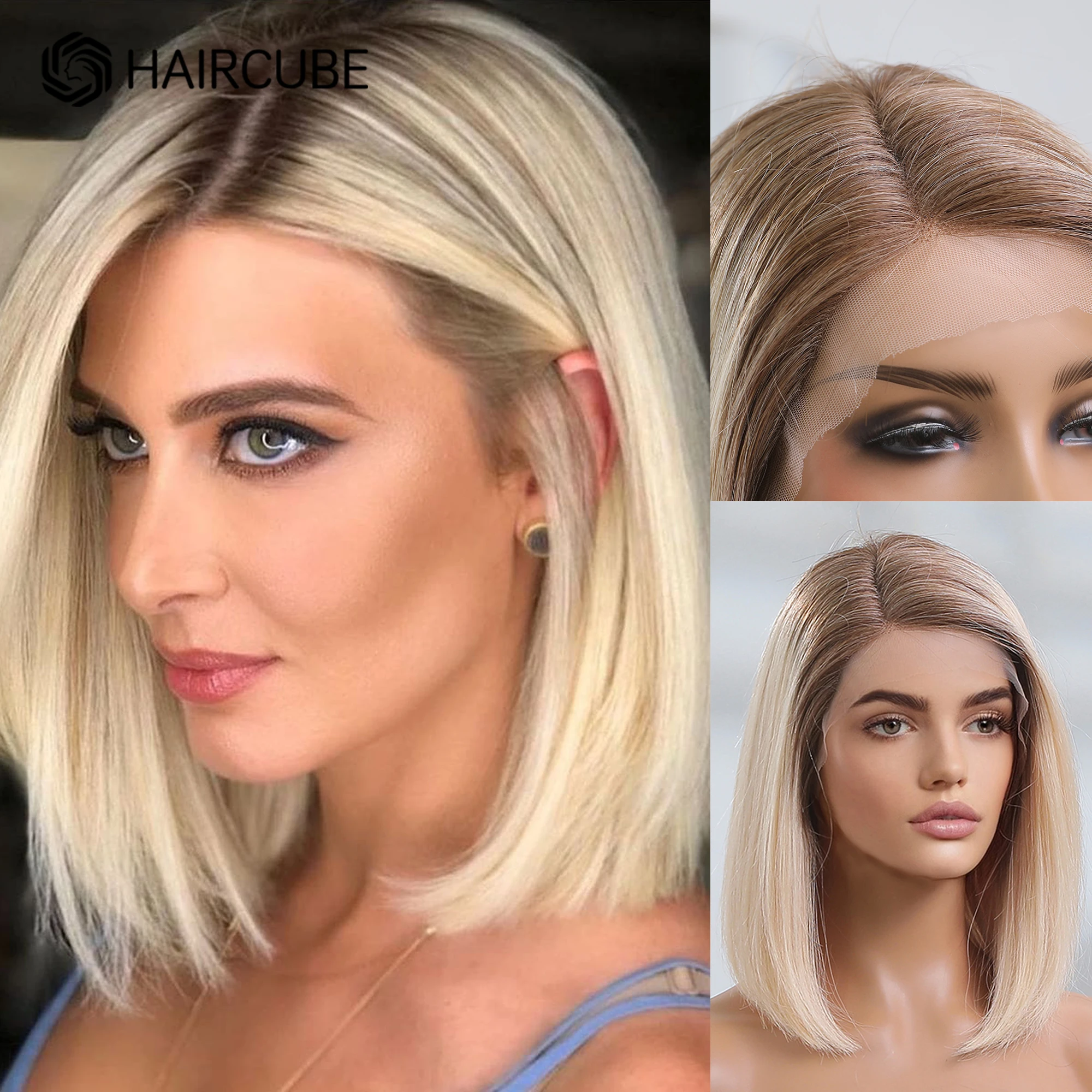 

HAIRCUBE Straight Bob Wig 13*1 Transparent Lace Front Wigs for Women Blonde Wig with Dark Roots Ombre Platinum Human Hair Wigs