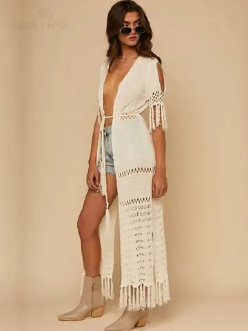 Зеленая вязаная крючком Туника, накидки для бикини, сексуальная женская одежда с вырезами, пляжная одежда, купальный костюм, накидка Q451