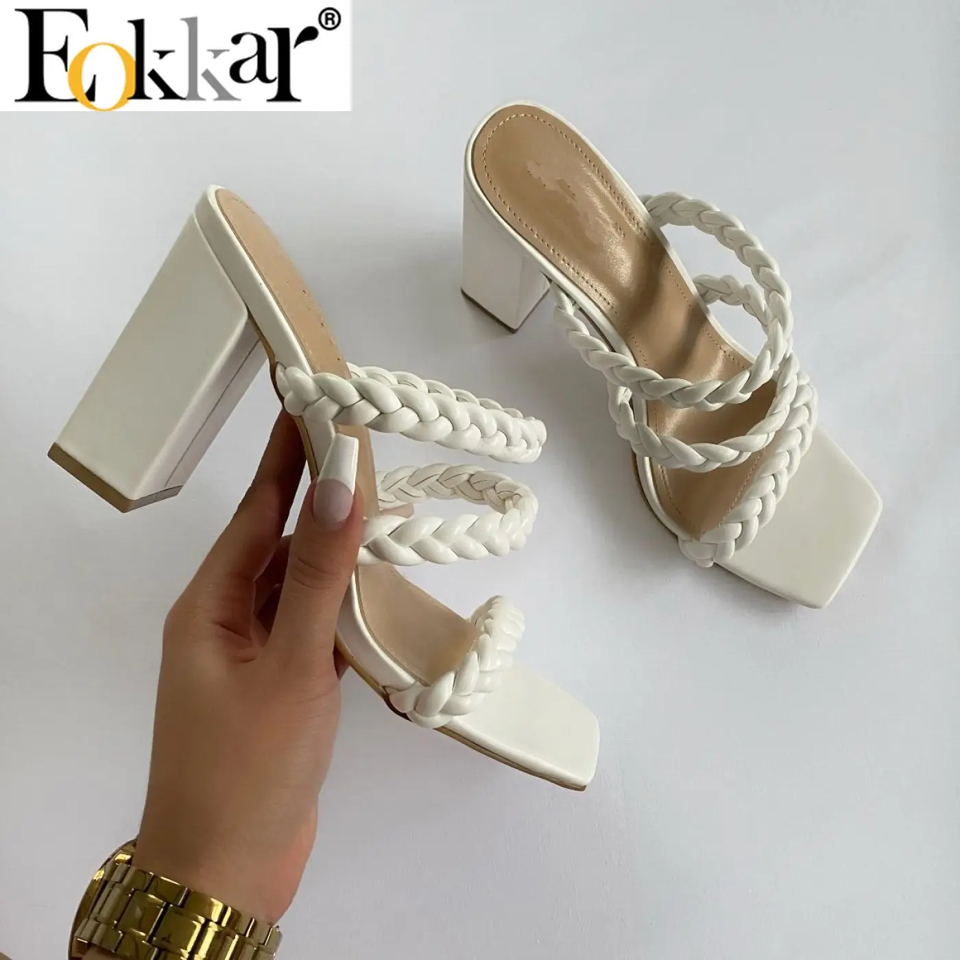 

Женские шлепанцы на квадратном каблуке Eokkar, летние сандалии с открытым носком, без застежки, на массивном каблуке, 2022