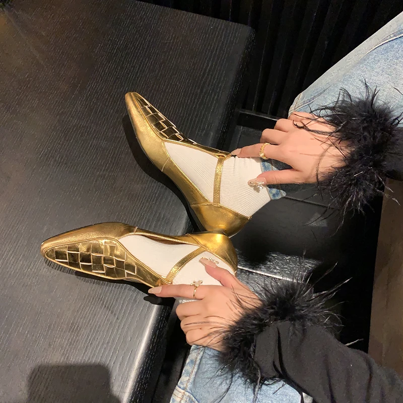 Spring and Autumn Golden Women's Shoes Lacquer Leather Pointed Cowhide Knitted Thin Strap Buckle Low Heel Women's Shoes