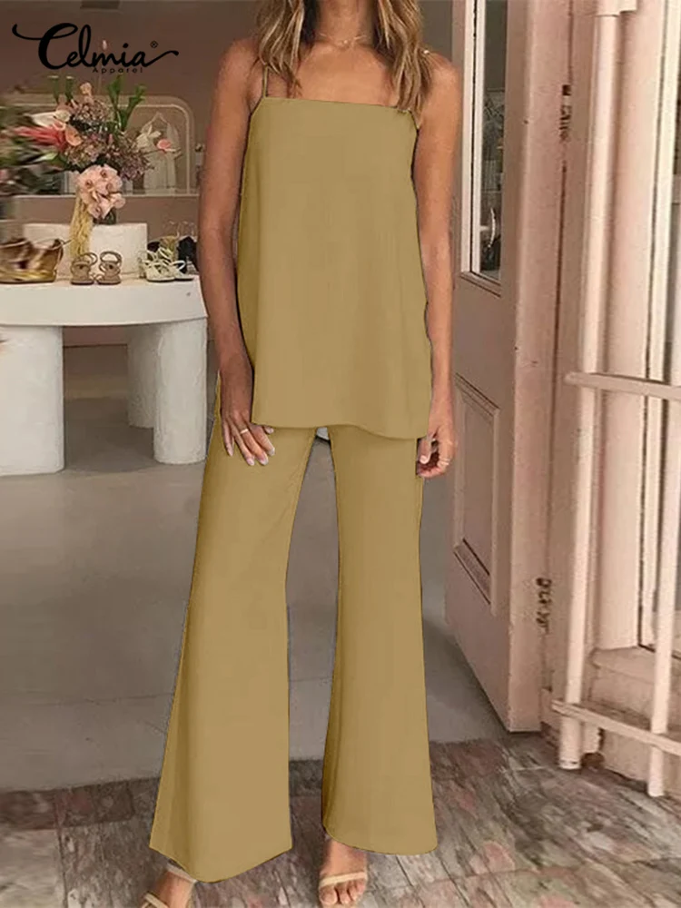 

2022 New Sexy Solid Work Matching Suits Celmia Fashion Sleeveless Straps Tops and Flared Trousers Women Summer 2 PCS Pant Sets