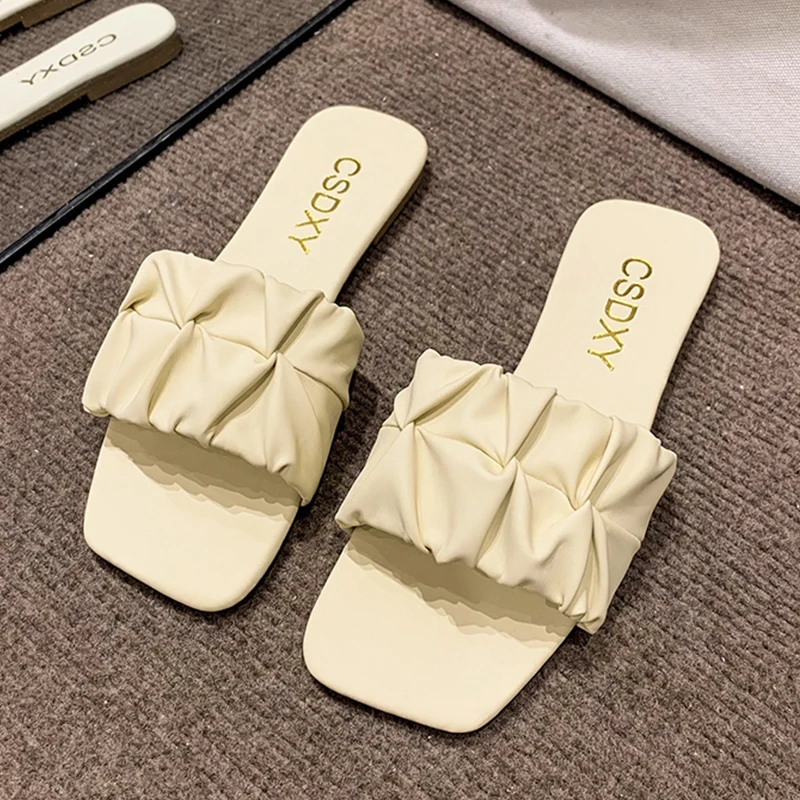 Pleated Women Slippers Summer 2023 New Flat Outdoor Slippers For Women Flip Flops Green Non-Slip Sandals Trend Big Size 42
