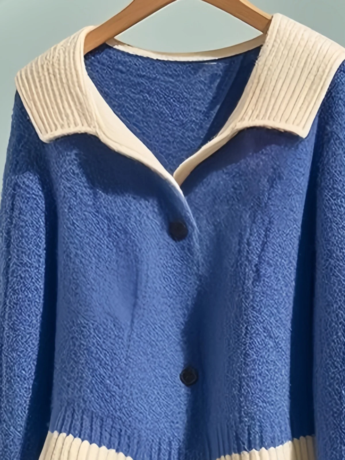 Blue Lapel Knit Sweater Women's 2024 New Late Autumn Early Winter Wear French sle Lazy High Sense Top