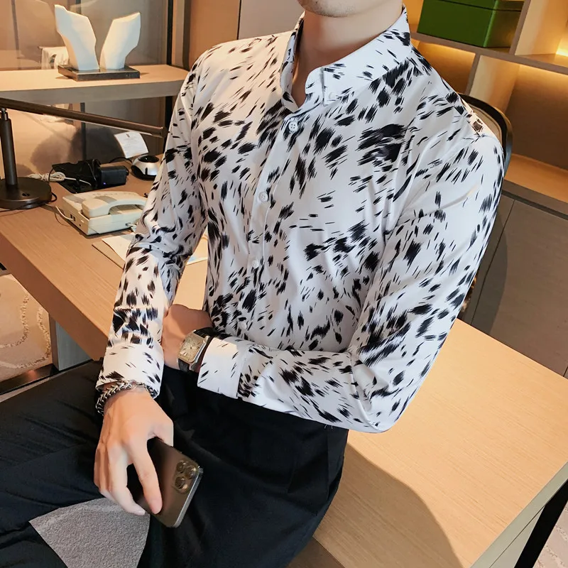 Vintage Print Shirts for Men 2022 Autumn Long Sleeve Casual Slim Business Formal Dress Shirt Social Party Blouse Men Clothing