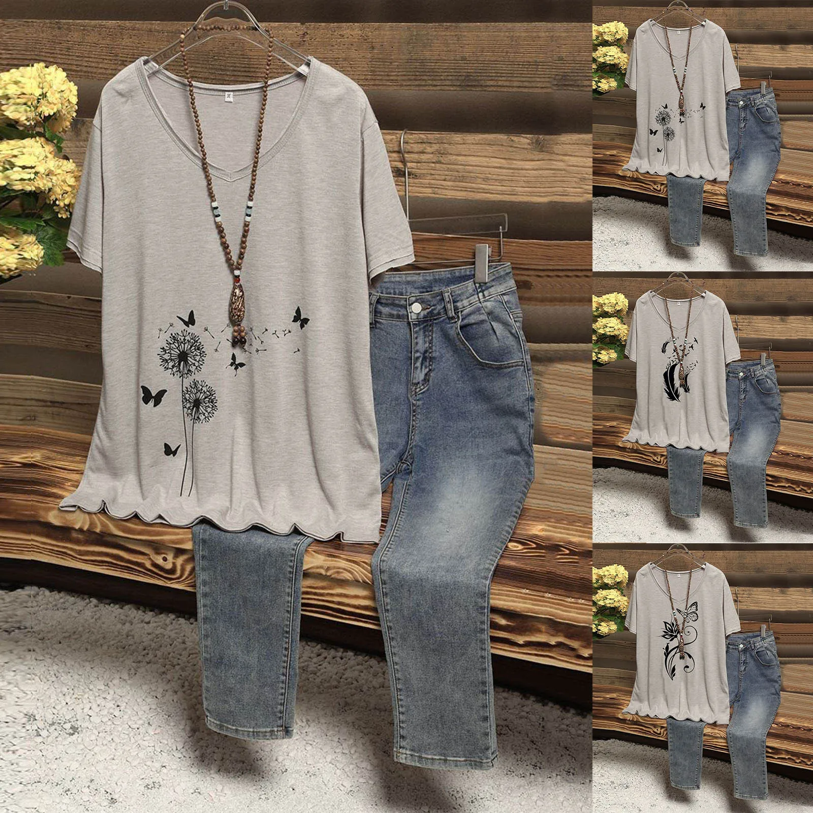 

Женская футболка с коротким рукавом, круглым вырезом и принтом одуванчика