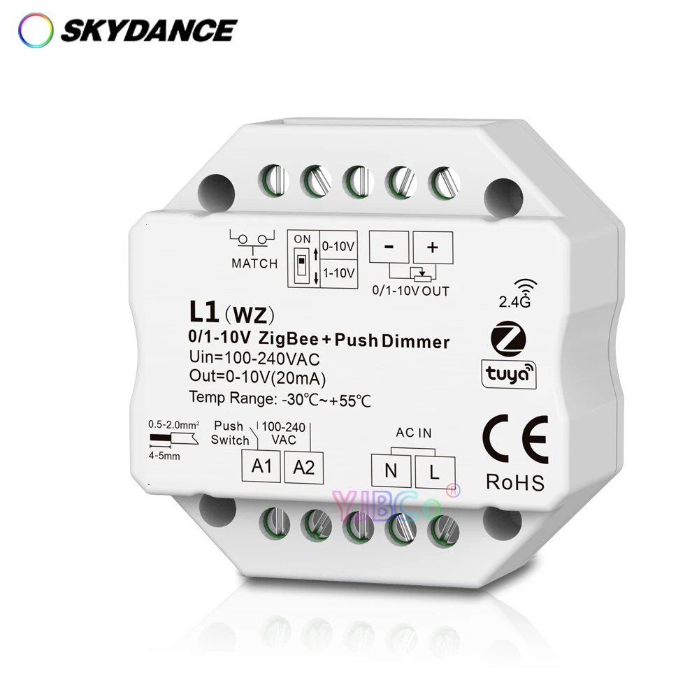 

Skydance 0-10V/1-10V ZigBee RF Push Dimmer Tuya APP 110V 220V 1CH Cloud on/off Controller DIP Switch For Single Color LED Strip