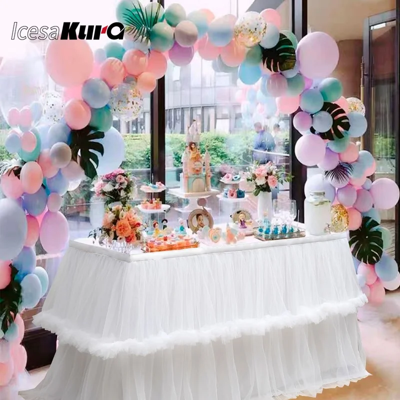 

2022 New Style Mesh Table Skirt Wedding Birthday Party Dessert Decoration Table Irregular Lace Mesh Table Skirt