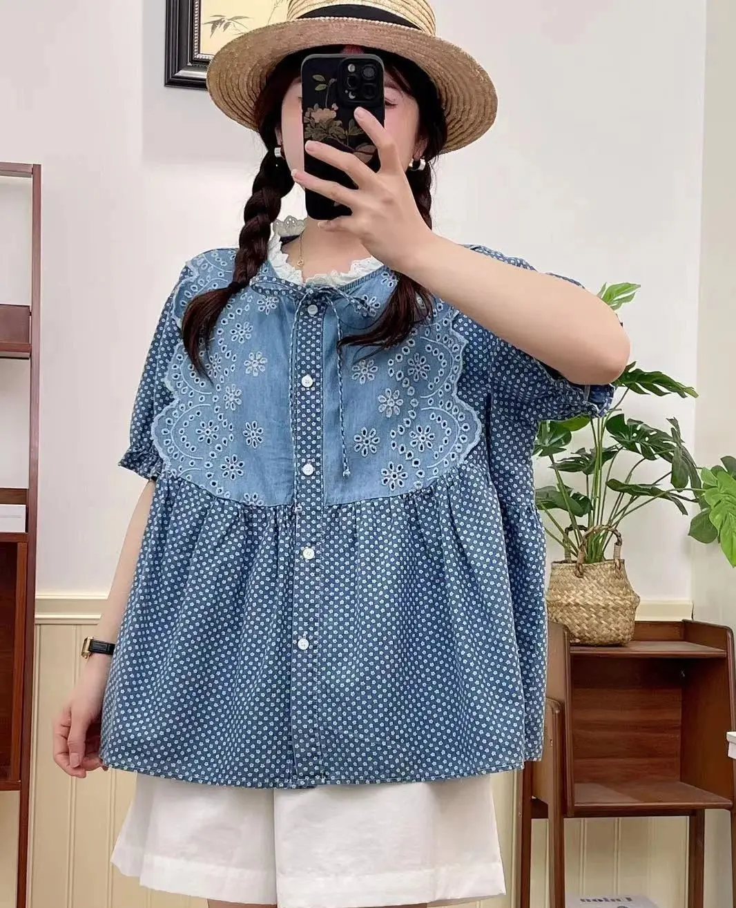 Женская джинсовая рубашка в горошек японском стиле