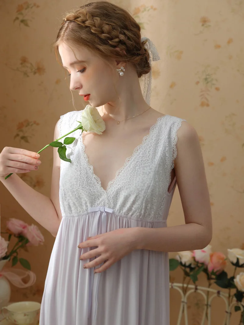 Women Spring Summer Sleepwear Sexy Lace Crop Sleeveless Nightdress Modal Fairy V-neck Princess Pajamas Victorian Nightgowns