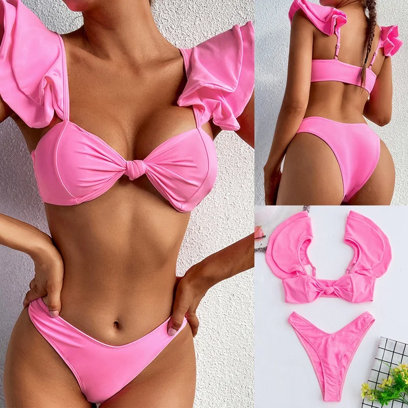 

Women's Fashion Solid Color Sexy Bikini Ruffled Split 2-Piece Swimsuit Pink