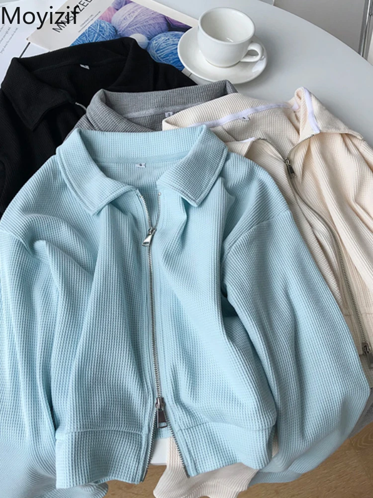 

Рубашка-поло Moyizif с воротником-стойкой, повседневные рубашки на молнии, Женский Топ, синяя однотонная Новинка Весна 2022, женская одежда в стил...
