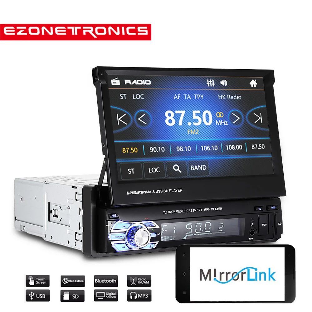 

7-дюймовый Выкидной Автомагнитола 1DIN, автомобильная стереосистема, воспроизведение музыки на телефоне через USB, Am/FM-радио, Bluetooth, MP3, MP4 плеер с USB/SD