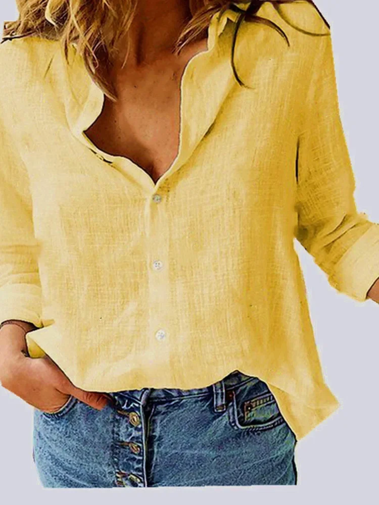 Блузка женская с длинным рукавом из хлопка и льна батальных размеров