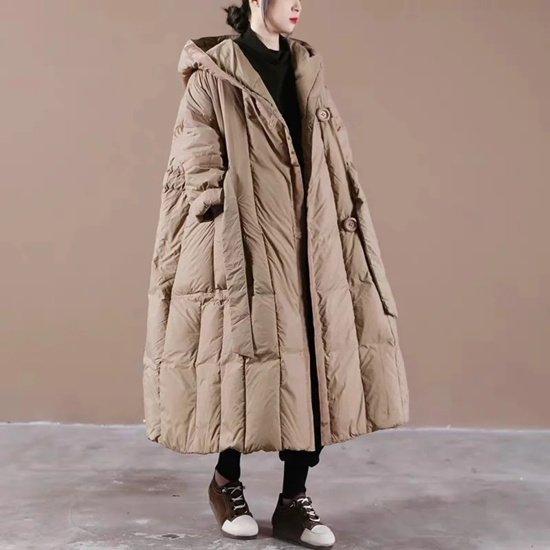 

New Womens Winter Loose Literary Long Two Button Lace White Duck Down Coat For Ladies Hooded Solid Color All Match Jacket