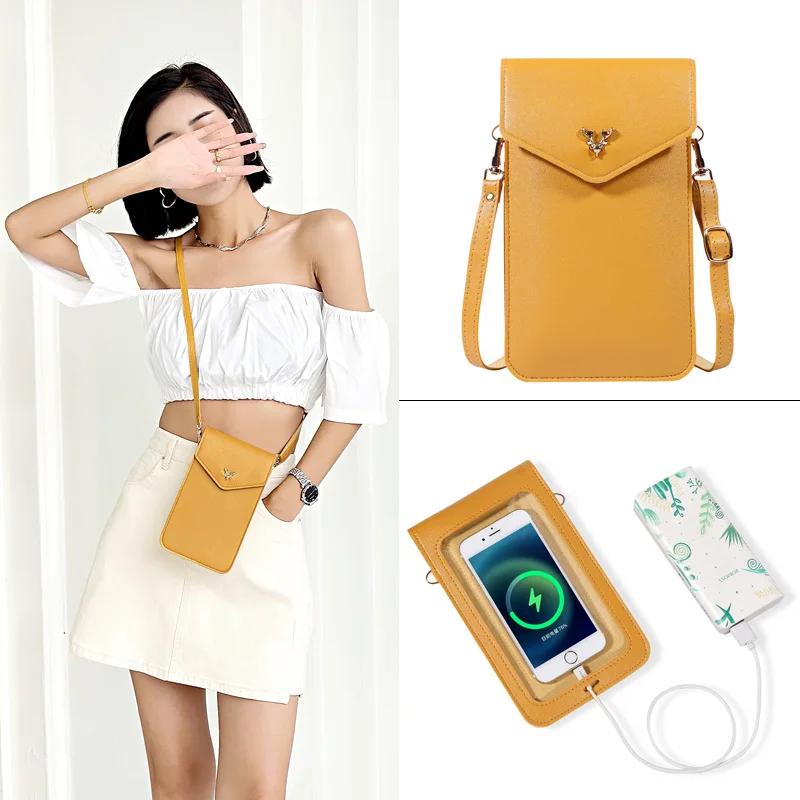 

New Simple Fashion Touchable-screen Phone Bag Women Portable Leather Crossbody ID Card Credit Card Organizer Girls Pruse Wallet