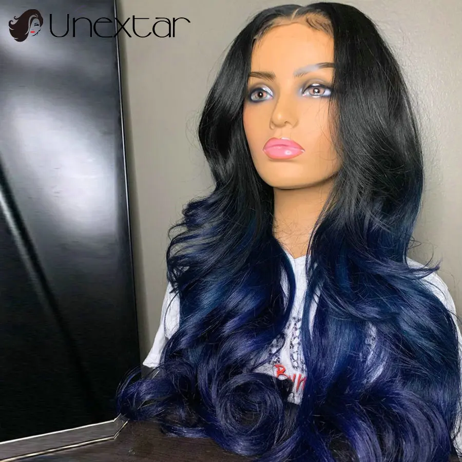 Dark Blue Brazilian Wavy Remy Wig 13x4ombre Blue Lace Front Female Wig 250% Density Transparent Lace Human Hair
