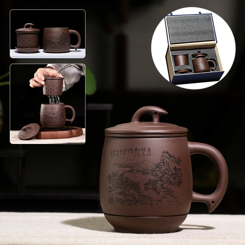 

Purple Grit Teacup with Filter Yixing Purple Clay Tea Cups Chinese Handmade Cup Lid Tea Infuser Office Tea Ceremony Accessories