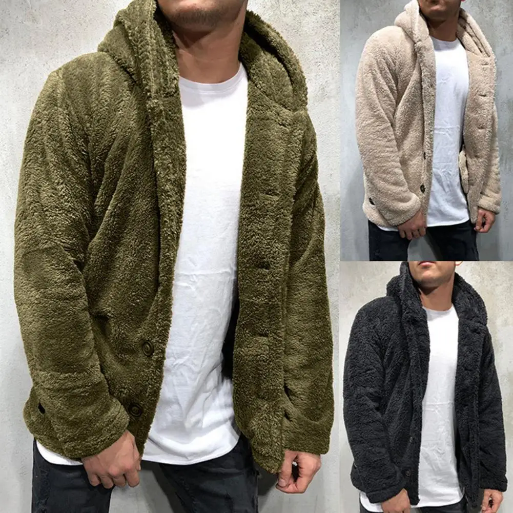 Fluffy Fleece Long Sleeve Hooded Coat Plush Buttons Closure Thicken Warm Men Coat Outerwear