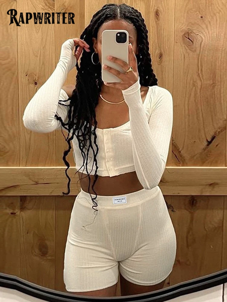 

Rapwriter Casual Solid Two Piece Sets Women Sporty Knitted Full Sleeve Button Up Crop Tops T-shirts+Skinny Shorts Summer Outfits