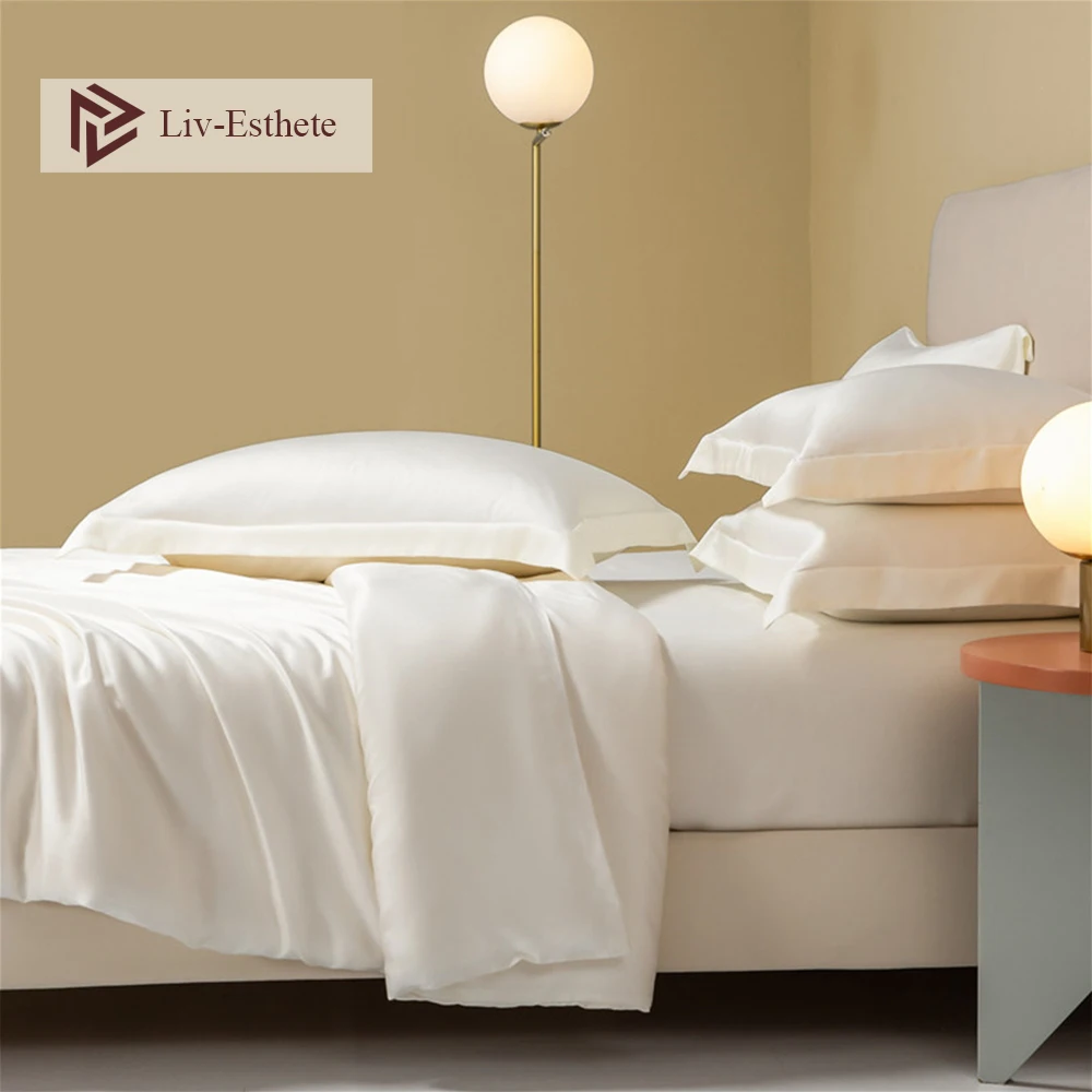 

Комплект постельного белья Liv-Esthete из 100% шелка, чистый белый, шелковистый, здоровый, пододеяльник, простыня, наволочки, королевский комплект постельного белья