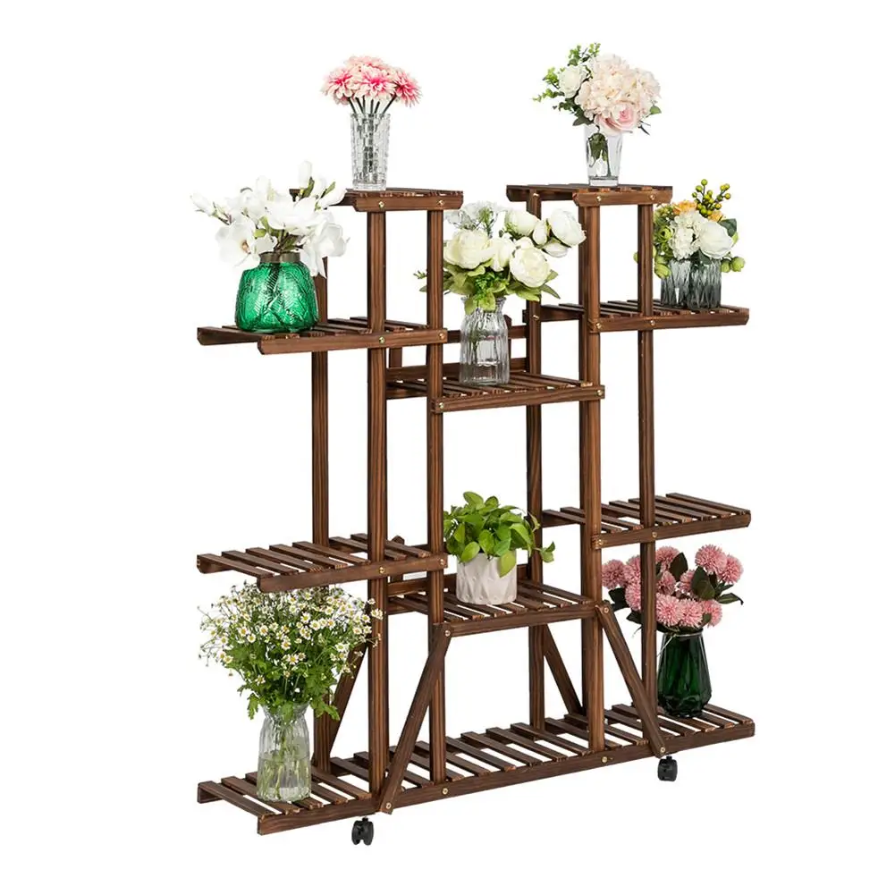 

6-tier 11-base Multifunctional Wood Plant Stand With Wheel Plant Organizing Rack [Ready Stock]
