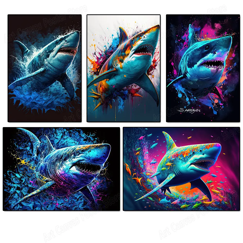

Graffiti Colorful Shark Animal Poster Artwork Canvas Painting Prints Wall Art Pictures Children's Room Home Decoration Cuadros