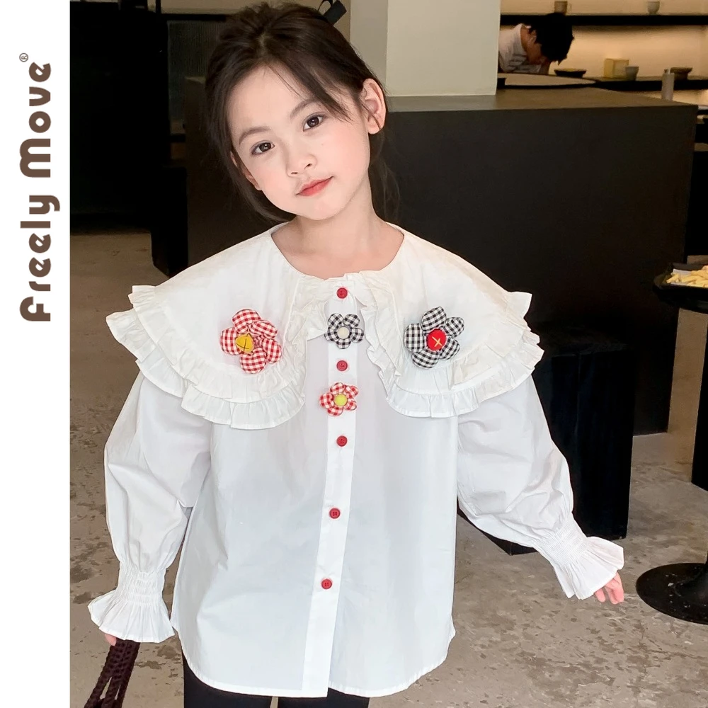 

Freely Move Girls New Applique Princess Blouses Spring Autumn Kids Fashion Shirt Baby Cute Long Sleeve Peter Pan Collar Shirts