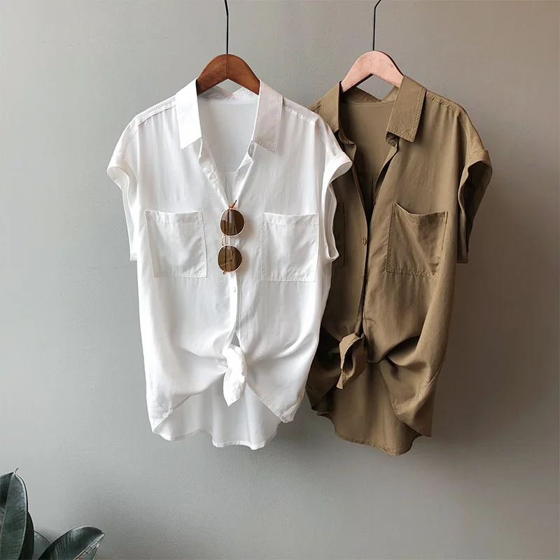 

Korean Fashion Woman Blouses 2022 Summer Beautiful Women's Shirts Casual Trend Sleeveless Shirt Vintage Female Khaki Loose Tops