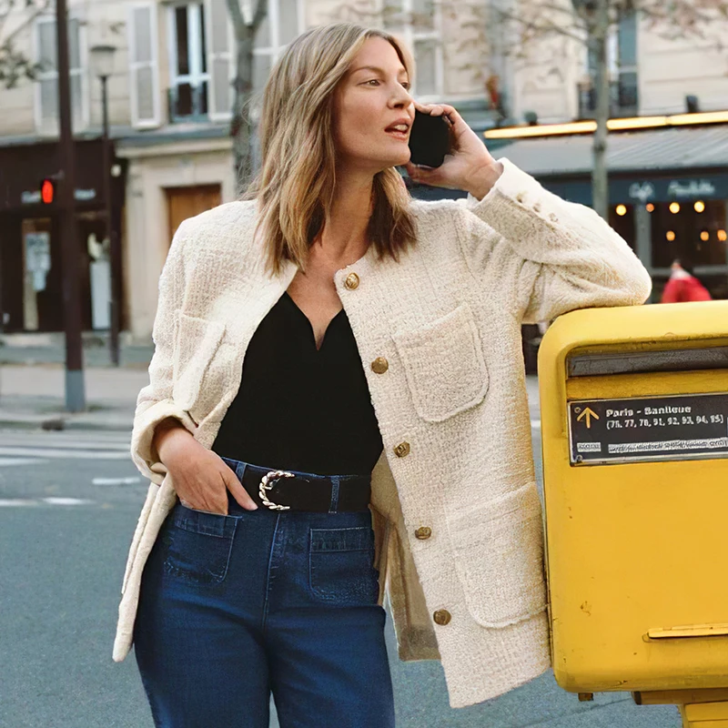 

Retro Tweed Jacket Women Round Neck Long Sleeve Single Breasted Pockets Outwear Tops Autumn Winter Female Vintage Elegant Veste