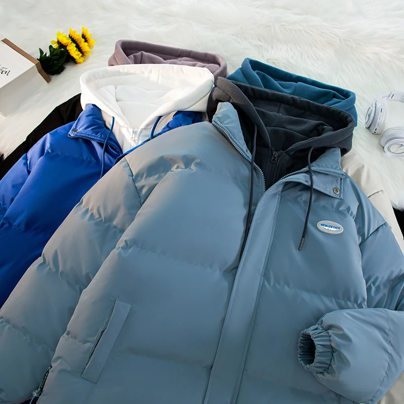 Thick Cotton Clothing Couple Style Korean Loose Fashion Fake Two-piece Splicing Hooded Top Men's Women's Spring Jacket Winter