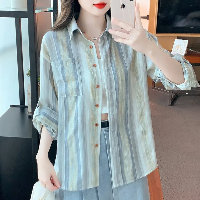 Chiffon Sun Protective Clothes Coat Shirt Summer 2025 New Arrival Women's Long Sleeves Cardigan Stripes Tops Spring &amp Fall |