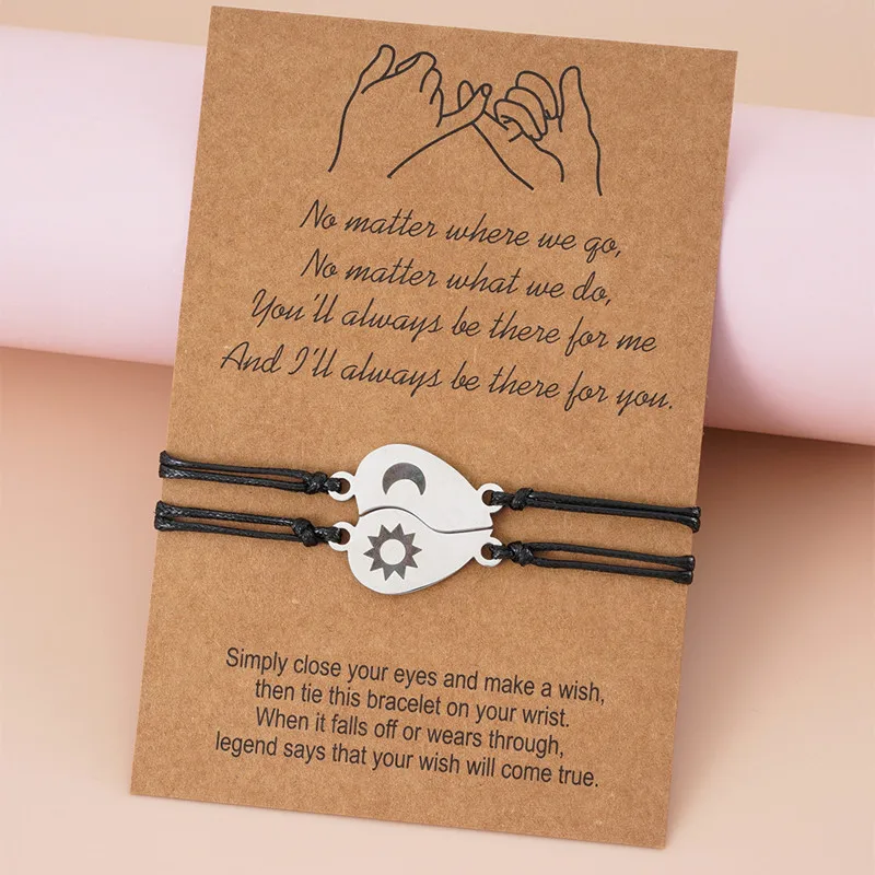 

Charmsmic Stainless Steel Moon Sun Engraved Bracelets Sisters Friendship Wax Rope Handmade Wish Crad DIY Jewelry for Lovers 2022
