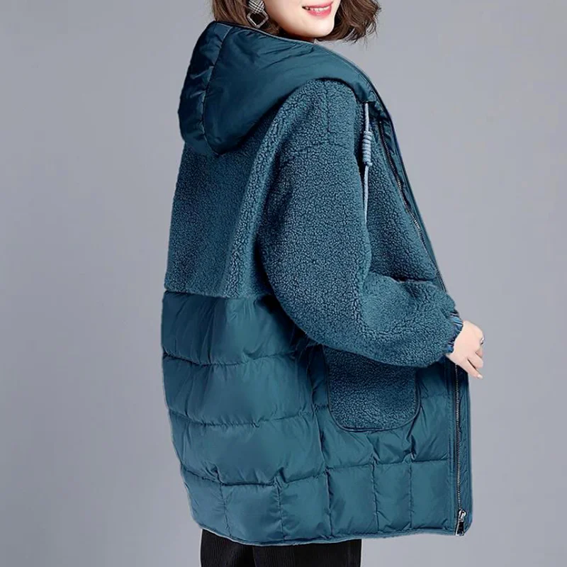 Autumn New 2023 Parkas Jackets Female Women Plus Size Lamb Teddy Splicing Hooded Coats Cotton Winter Jacket Womens Outwear Coat