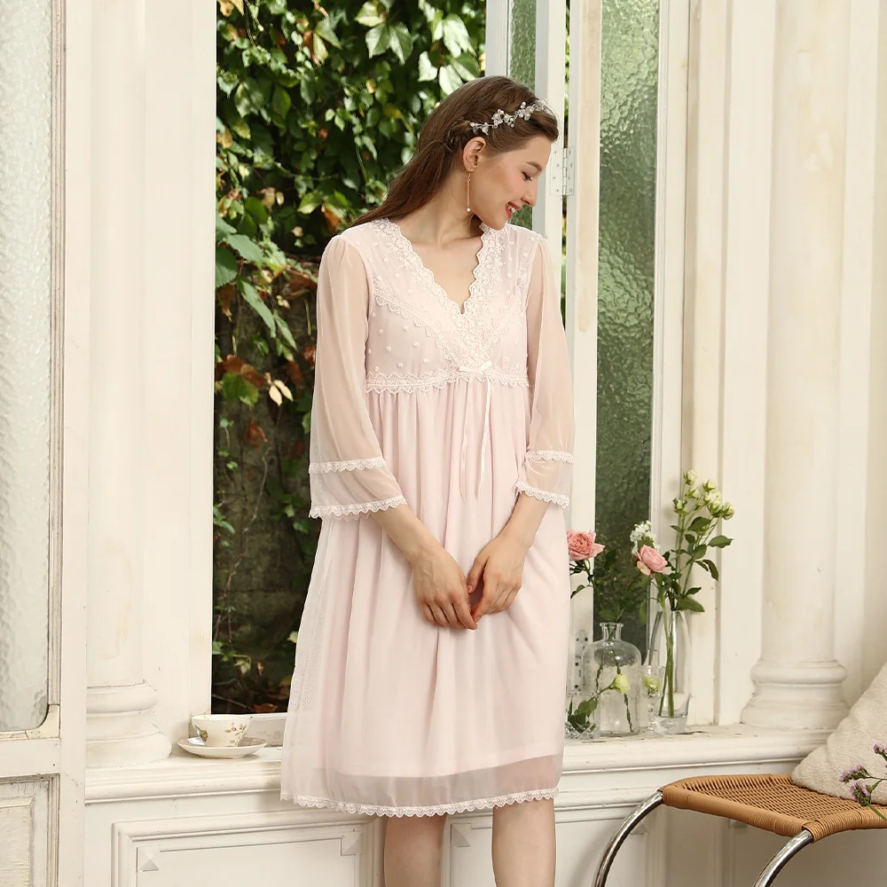 Spring Nightgowns Women Cotton Lace Mesh Nightdress Sleepshirt Retro Vintage Princess Style Elegant Nightwear Summer Sleepwear