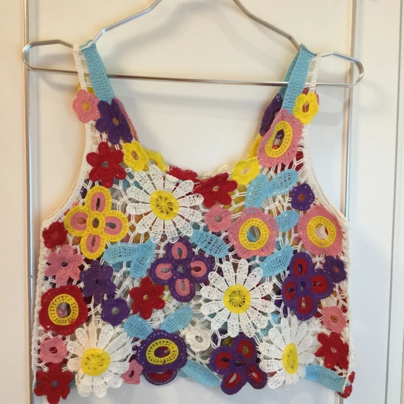 Женский кроп-топ без рукавов вязаный крючком кружевной в стиле бохо ажурный