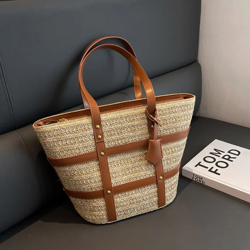 

Вместительная женская сумка 2023, модная пляжная роскошная дизайнерская сумочка, соломенные плетеные дорожные сумки, женская сумка-тоут на плечо