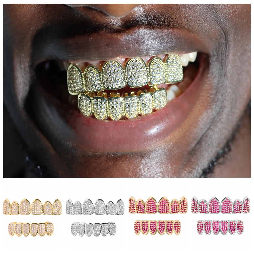 

Gold Silver Color Top&Bottom CZ Dental Grills Set HipHop Teeth Grills Iced Out Cubic Zirconia Teeth Grillz Cosplay Party Jewelry