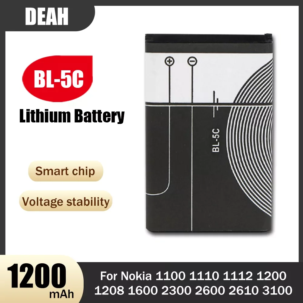 

3.7V 1200mAh BL-5C BL 5C BL5C Rechargeable Lithium Battery For Nokia 1100 1110 1112 1200 1208 1280 1600 2300 2600 2610 2700 3100