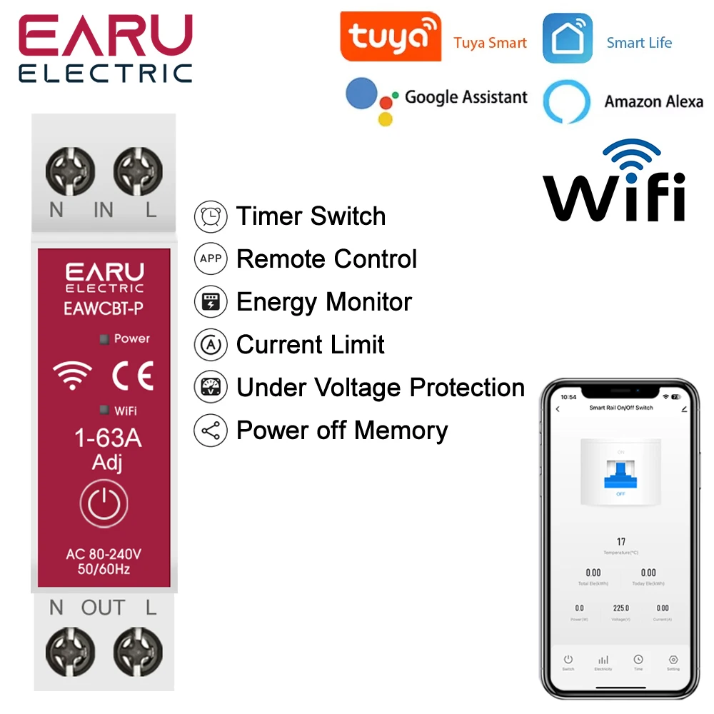 Умный автоматический выключатель Tuya Wi-Fi 1P + N 63A MCB Таймер Мощность Энергия кВтч