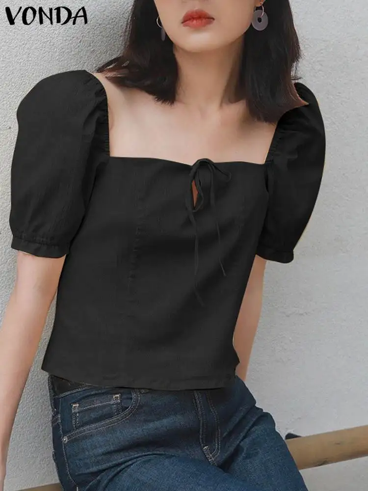 

VONDA Women Sexy Square Neck Casual Blouse 2023 Fashion Elegant Office Tops Front Tie Bow Short Sleeve Shirts Solid Color Blusas