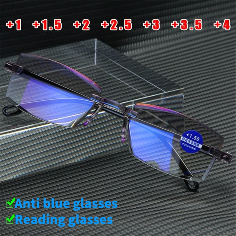 

2022 мужские женские мужские очки для чтения без оправы с защитой от сисветильник, бифокальные очки с ближним увеличением, очки для дальнозоркости + 150 + 200