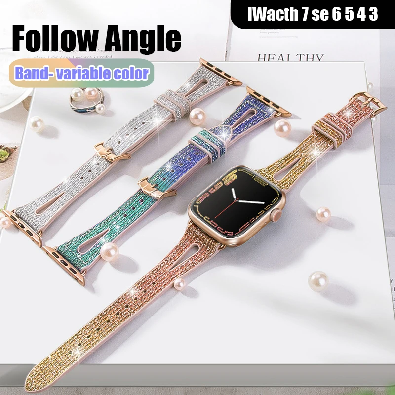 Slim Discoloration Strap For Apple Watch band 44mm 40mm 45mm 41mm 42mm 38mm Leather+Silicone wrist belt bracelet iwatch 4 5 6 7