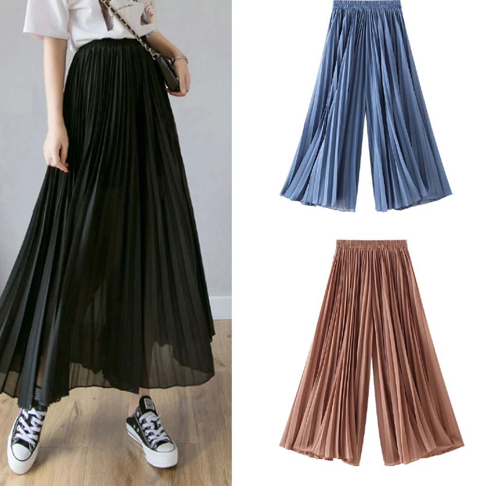 

High quality Loose Pleated Chiffon Pants Summer Elastic High Waist Thin Wide Leg Pants Female Casual Cropped trousers Pantalon